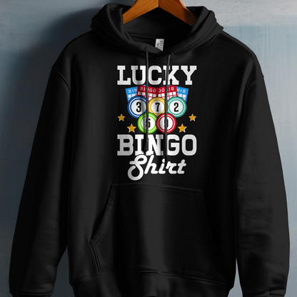 Black hoodie with "LUCKY BINGO SHIRT" text and bingo balls.