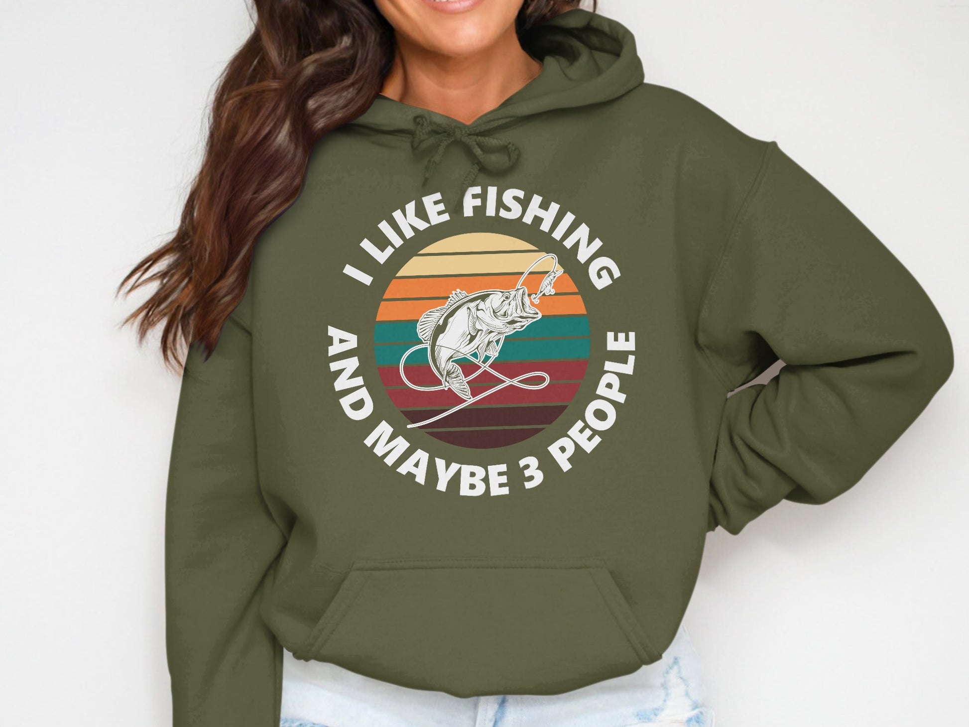 Green hoodie with "I like fishing and maybe 3 people" and fishing graphic.