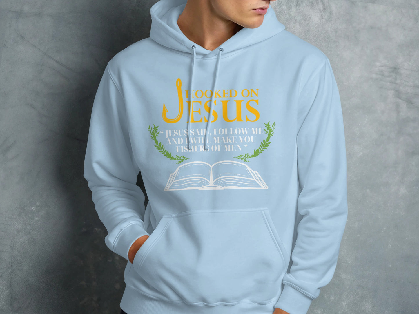 Light blue hoodie with "Hooked on Jesus" text and Bible graphic.