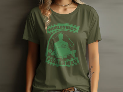 Green t-shirt with "World's Best Fisherman" text and fishing graphic.