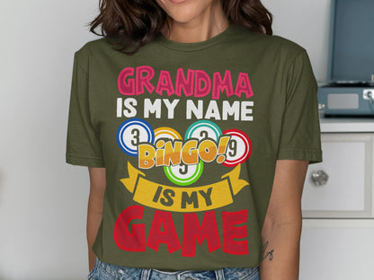 T-shirt with "Grandma is my name, Bingo is my game" text and bingo balls.