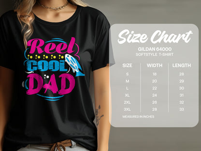 Black t-shirt with "Reel Cool Dad" design and size chart.