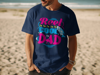 Navy t-shirt with "Reel Cool Dad" text and fish graphic.