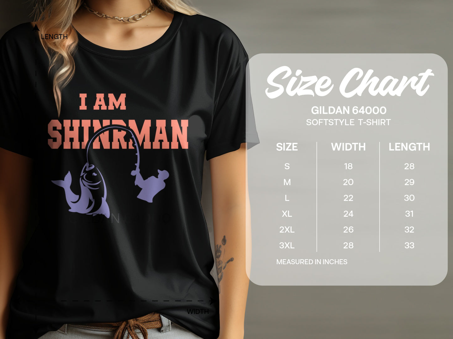 T-shirt with "I AM SHINRMAN" text and fishing graphic, beside a size chart.