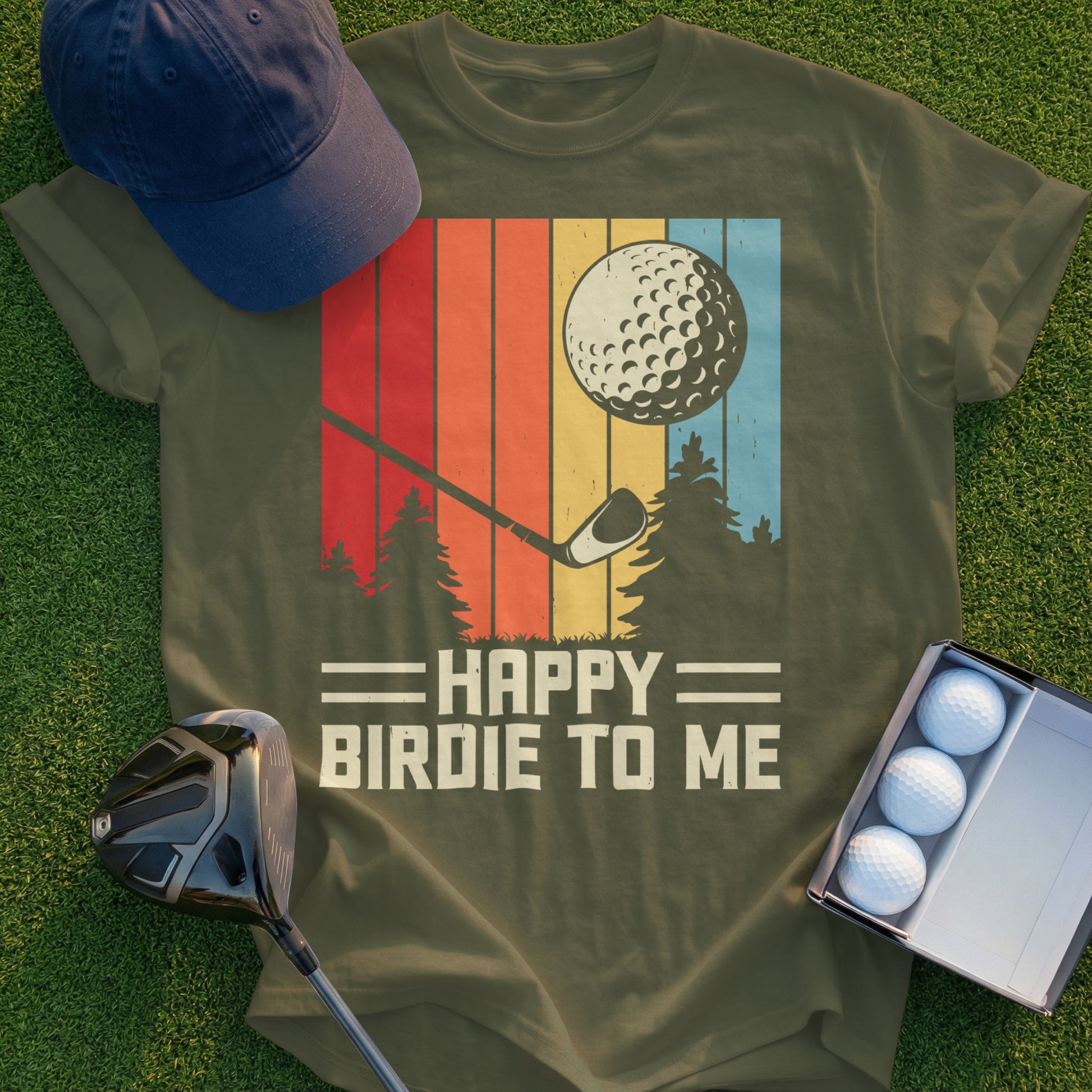 Retro golf graphic on a green t-shirt with "Happy Birdie To Me".