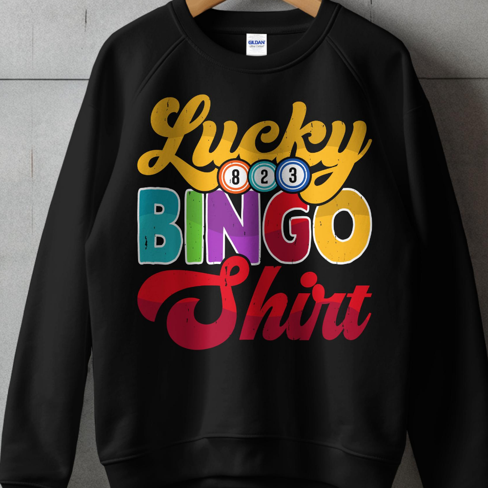 Black sweatshirt with "Lucky Bingo Shirt" text and bingo balls.