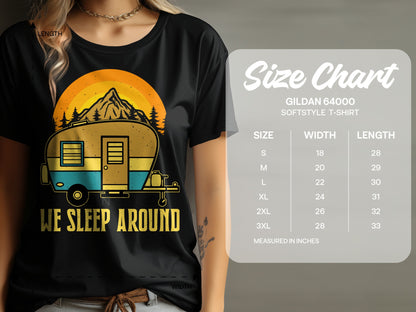 T-shirt with graphic of a camper van, text "We Sleep Around", and size chart.