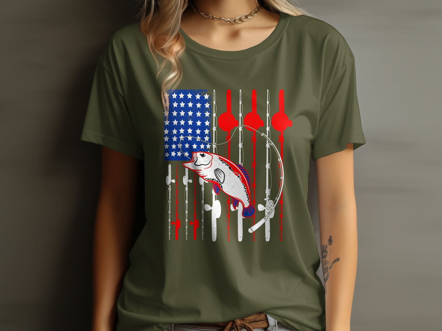 Olive green t-shirt with American flag design, featuring fishing rods and a jumping fish.