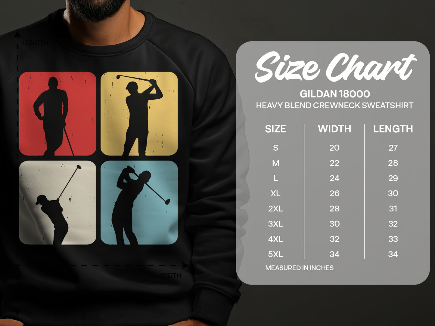 Gildan 18000 sweatshirt size chart with measurements in inches.