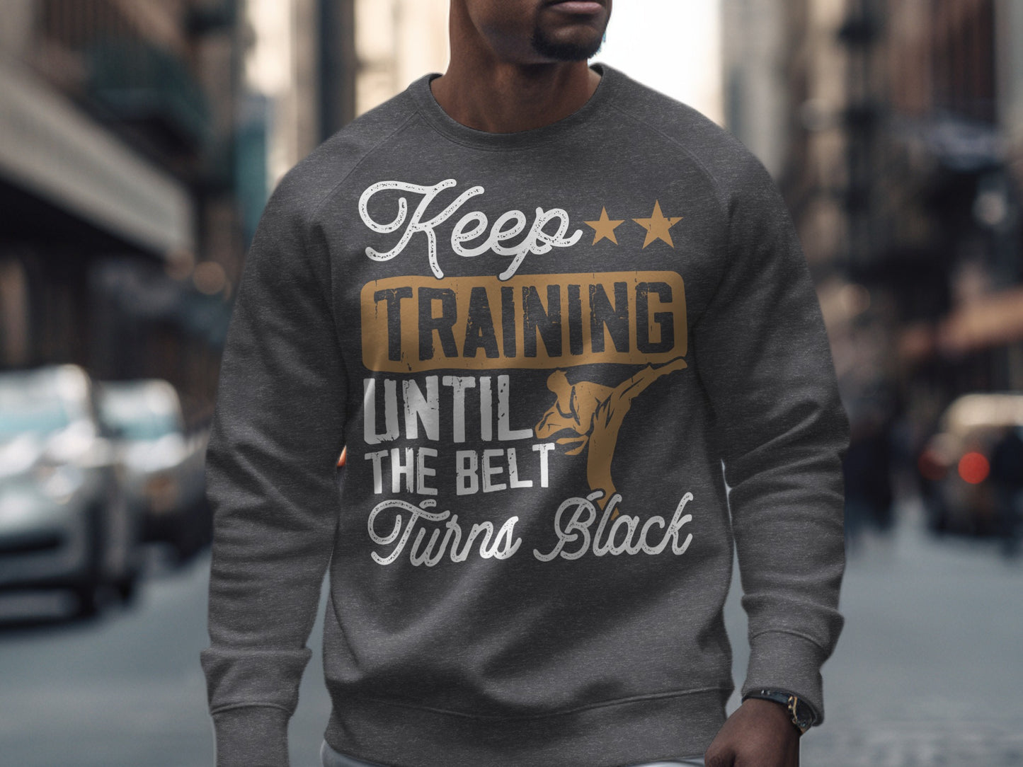 Gray sweatshirt with "Keep Training Until the Belt Turns Black" and karate graphic.
