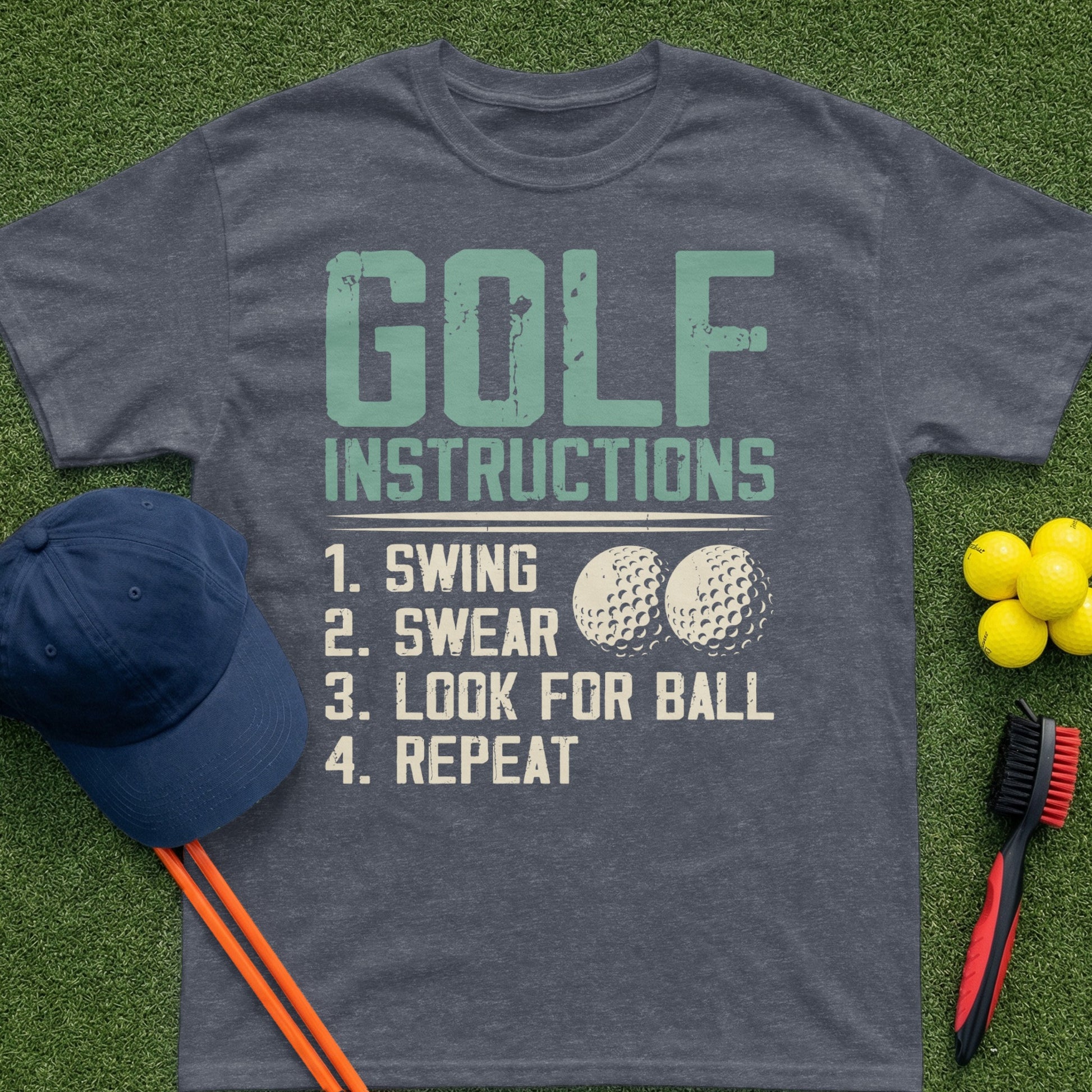 Golf instructions t-shirt with numbered steps and golf balls.