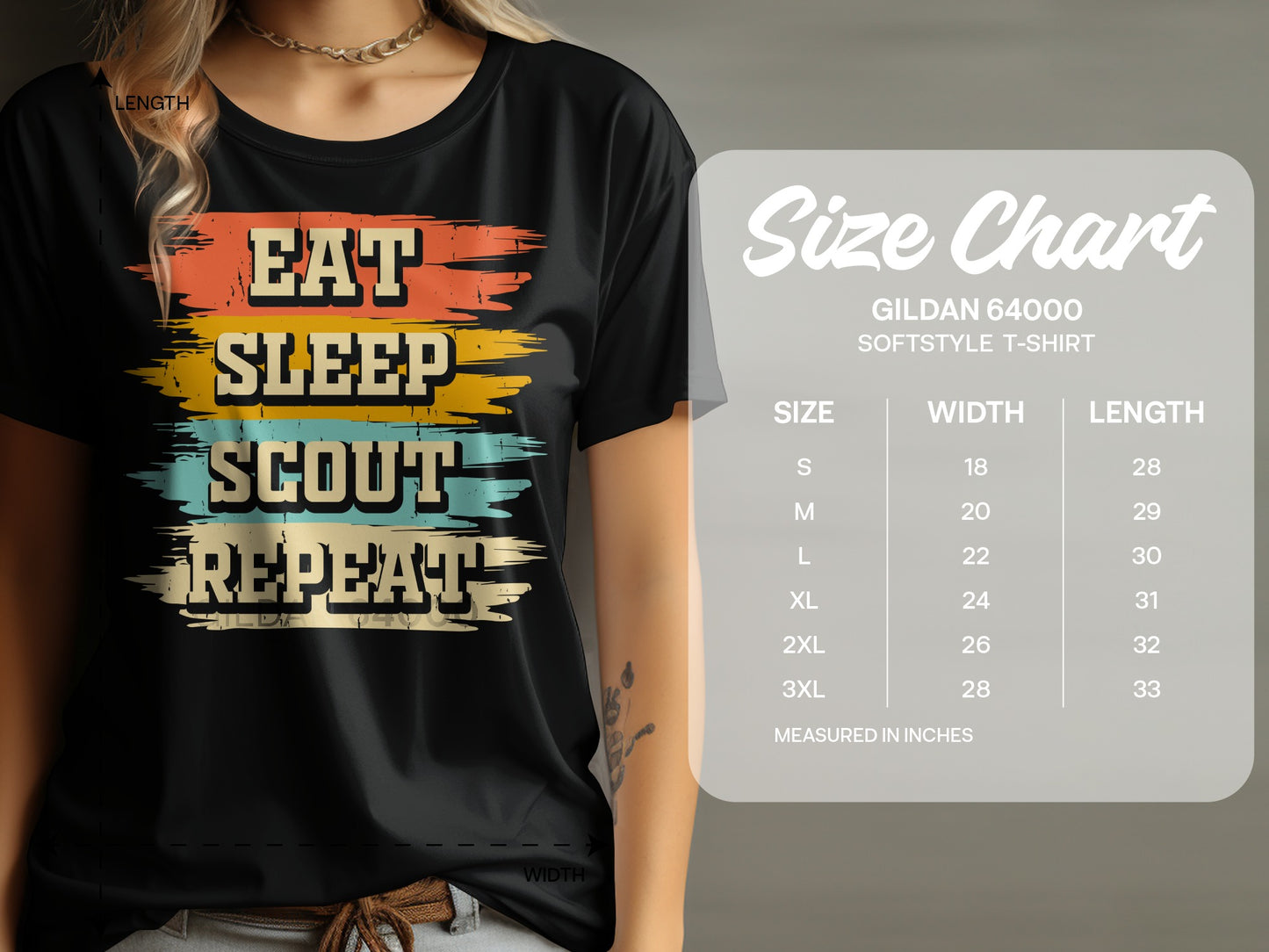 T-shirt with "Eat Sleep Scout Repeat" text and Gildan 64000 size chart.