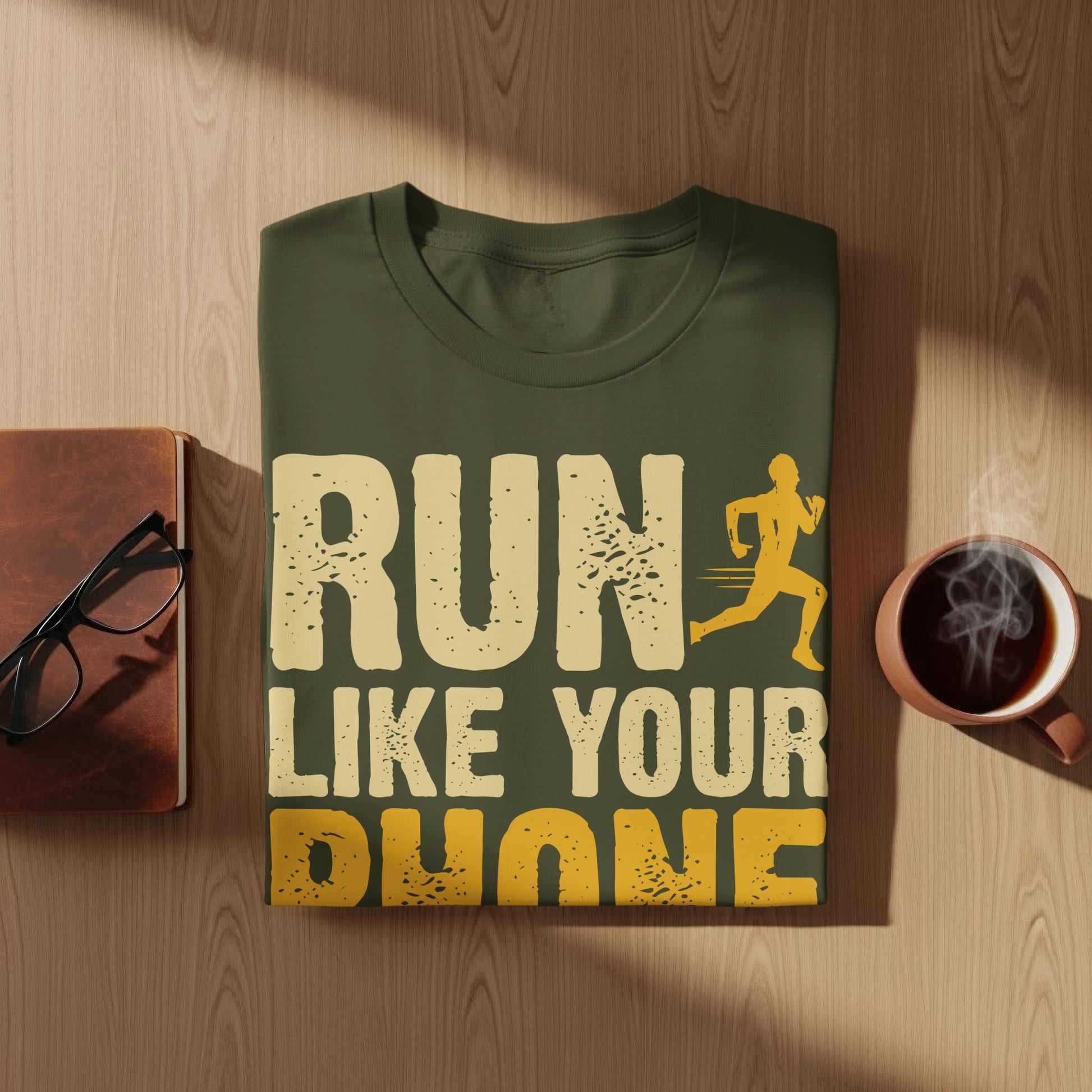Olive green t-shirt with "RUN LIKE YOUR PHONE" text and a runner graphic.