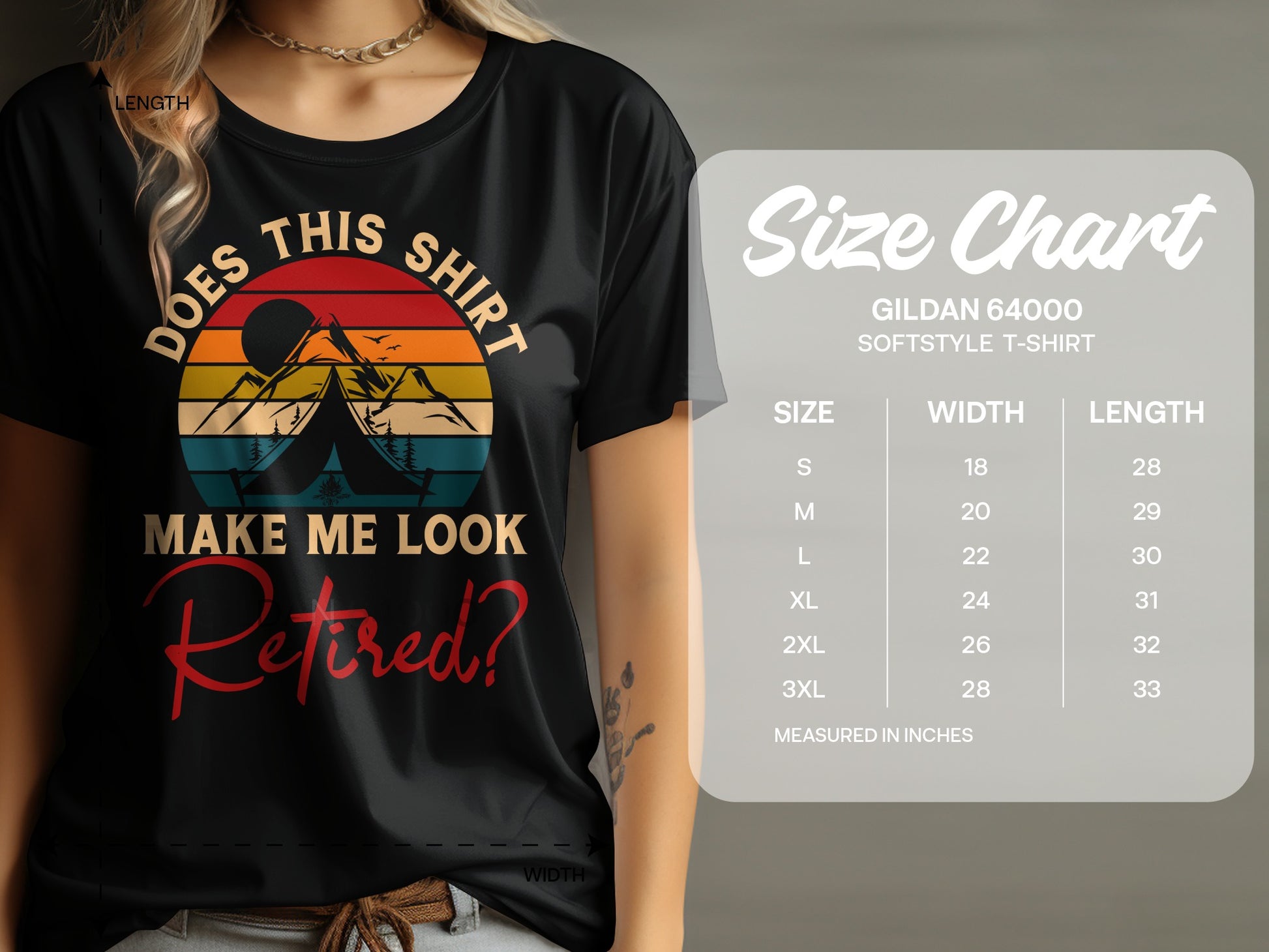 T-shirt with mountain and sunset graphic and "Does This Shirt Make Me Look Retired?" text.