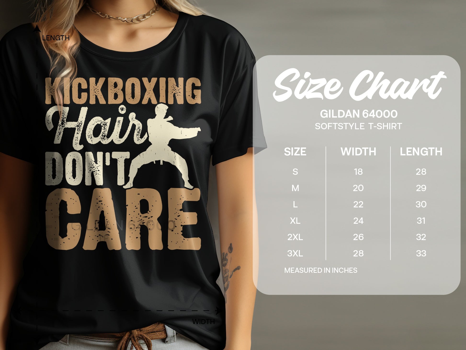 T-shirt with "KICKBOXING HAIR DON'T CARE" text and size chart.