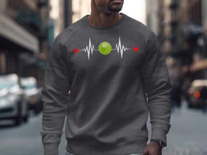 Dark grey sweatshirt with a tennis ball heartbeat graphic.
