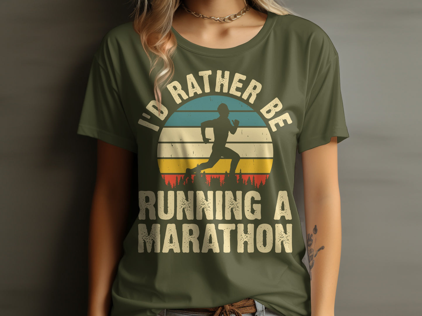 T-shirt with "I'd Rather Be Running A Marathon" text and running silhouette.