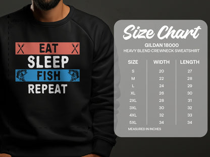 Gildan 18000 sweatshirt size chart with measurements in inches.