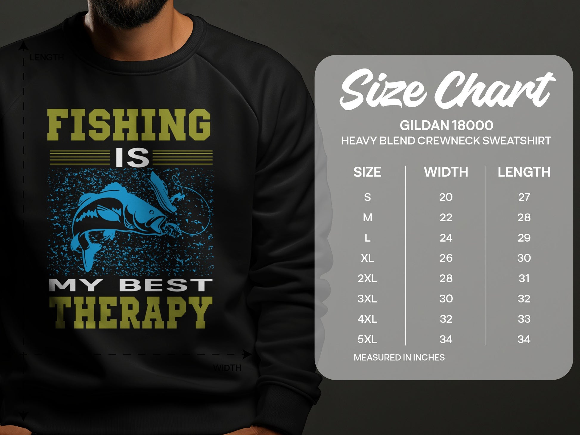 Sweatshirt with "Fishing is my best therapy" text and fish graphic, including a size chart.