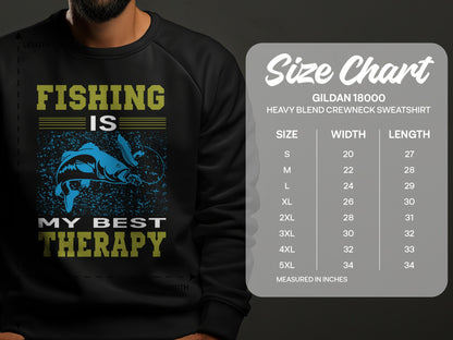 Sweatshirt with "Fishing is my best therapy" text and fish graphic, including a size chart.