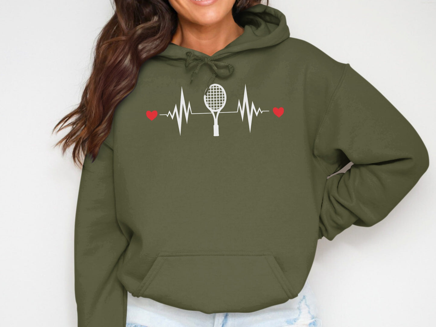 Olive green hoodie with a white heartbeat graphic including a tennis racket.