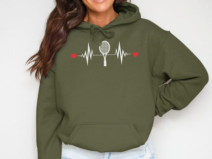 Olive green hoodie with a white heartbeat graphic including a tennis racket.
