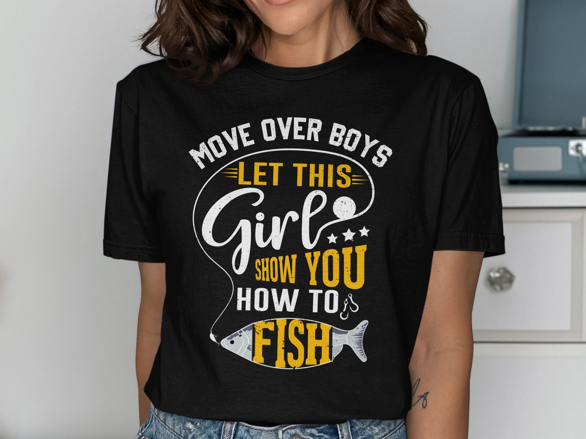 Black t-shirt with "Move over boys, let this girl show you how to fish" text.