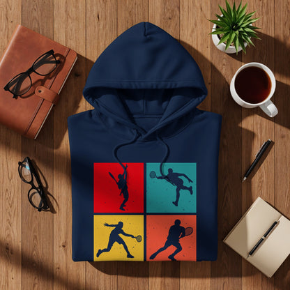 Navy hoodie with four tennis player silhouettes on a checkered background.