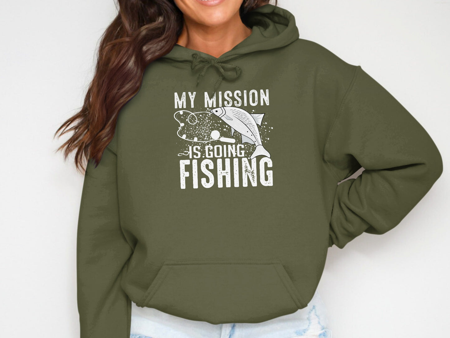 Green hoodie with white graphic of a fish and text "My Mission is Going Fishing".