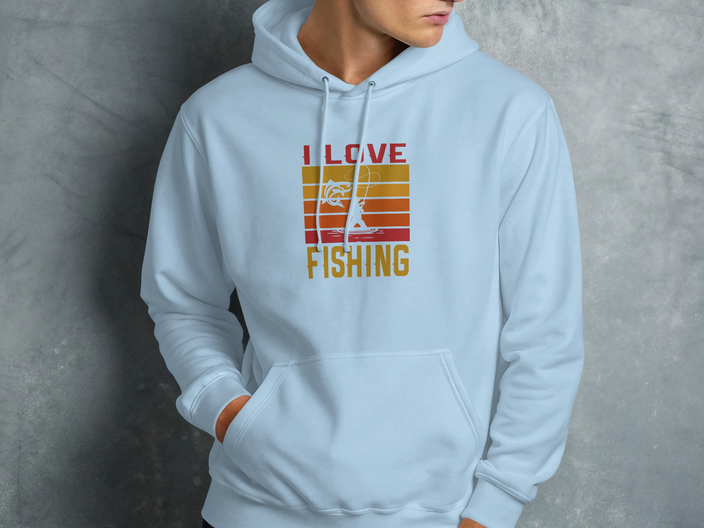 Light blue hoodie with "I Love Fishing" text and a stylized fishing graphic.