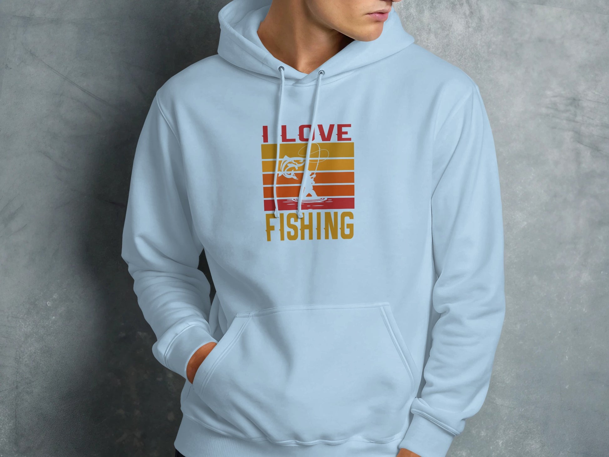 Light blue hoodie with "I Love Fishing" text and a stylized fishing graphic.