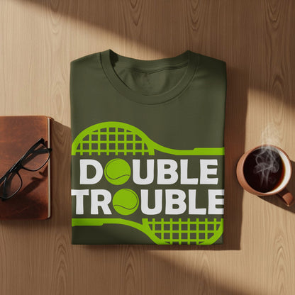 Olive green t-shirt with "DOUBLE TROUBLE" text and tennis graphic.