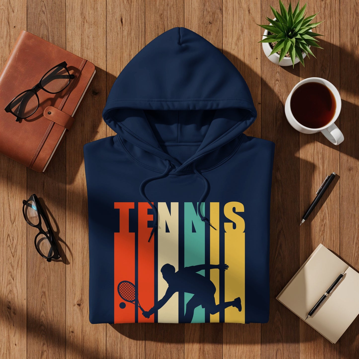 Navy hoodie with colorful "TENNIS" graphic and tennis player silhouette.