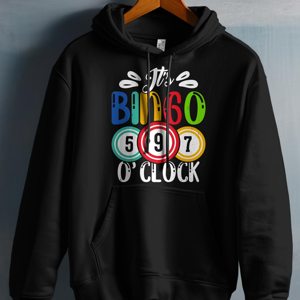 Black hoodie with "Bingo 597 O'Clock" graphic.