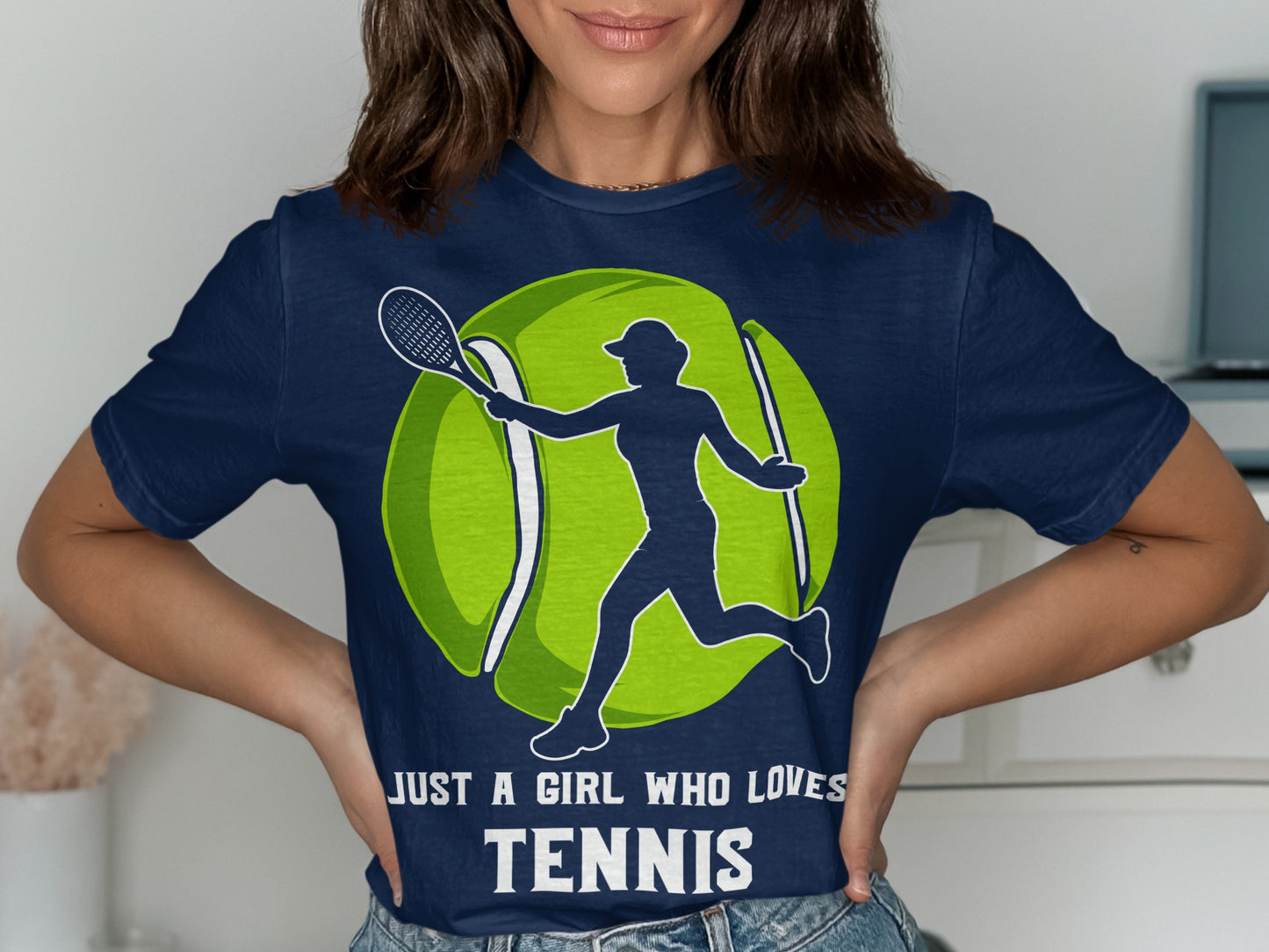 Navy t-shirt with a green tennis ball and a silhouette of a tennis player.