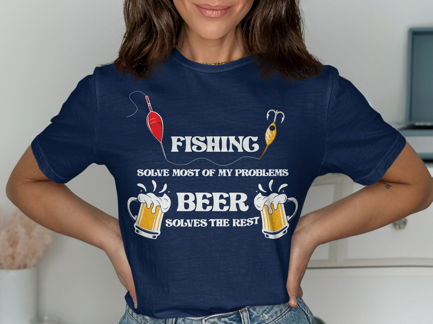 Navy t-shirt with fishing and beer graphic and text.