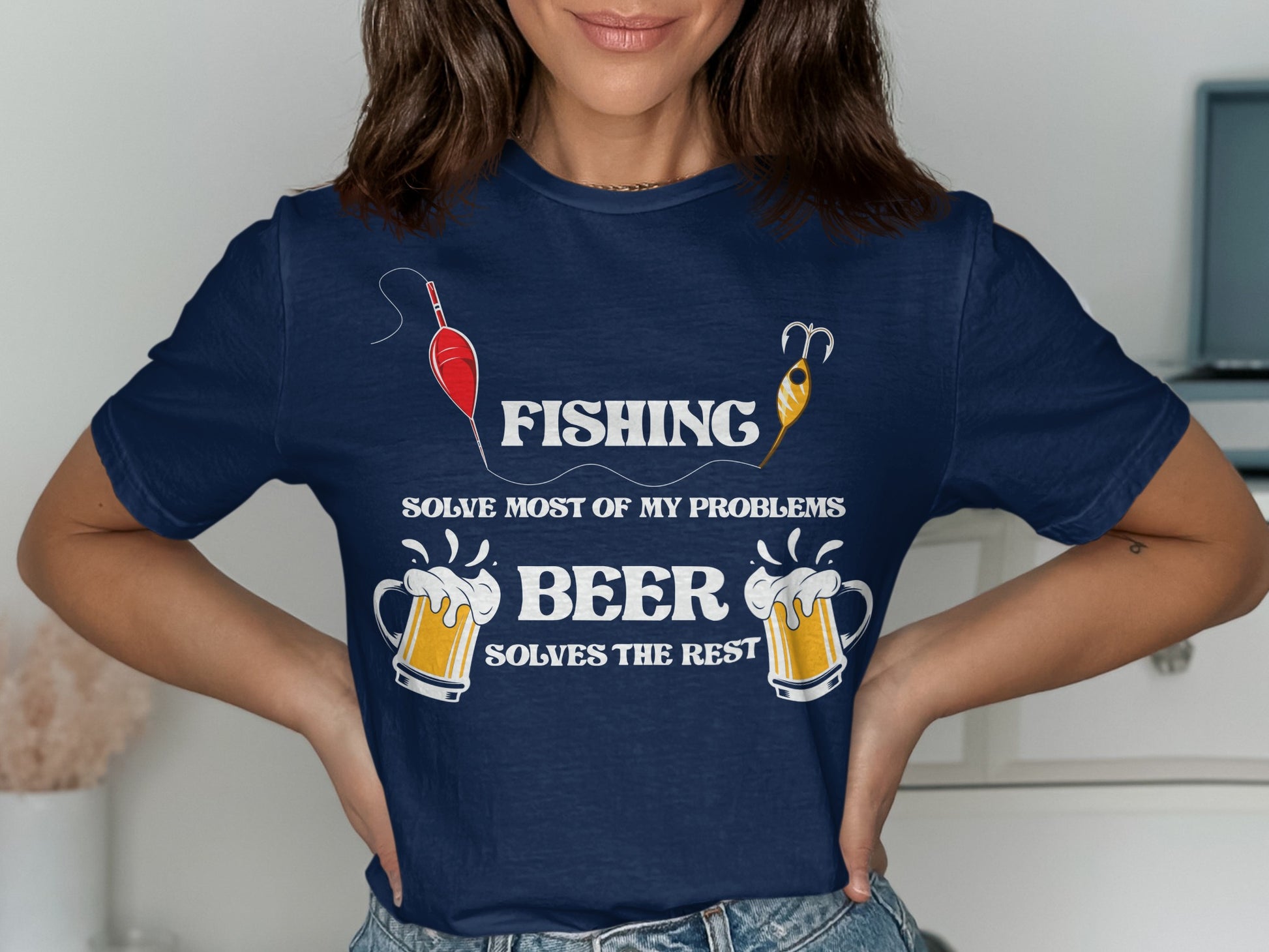 Navy t-shirt with fishing and beer graphic and text.