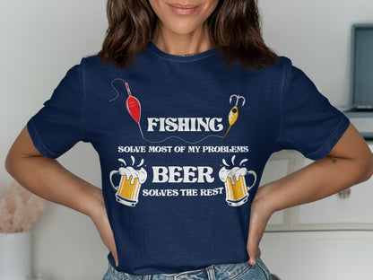 Navy t-shirt with fishing and beer graphic and text.