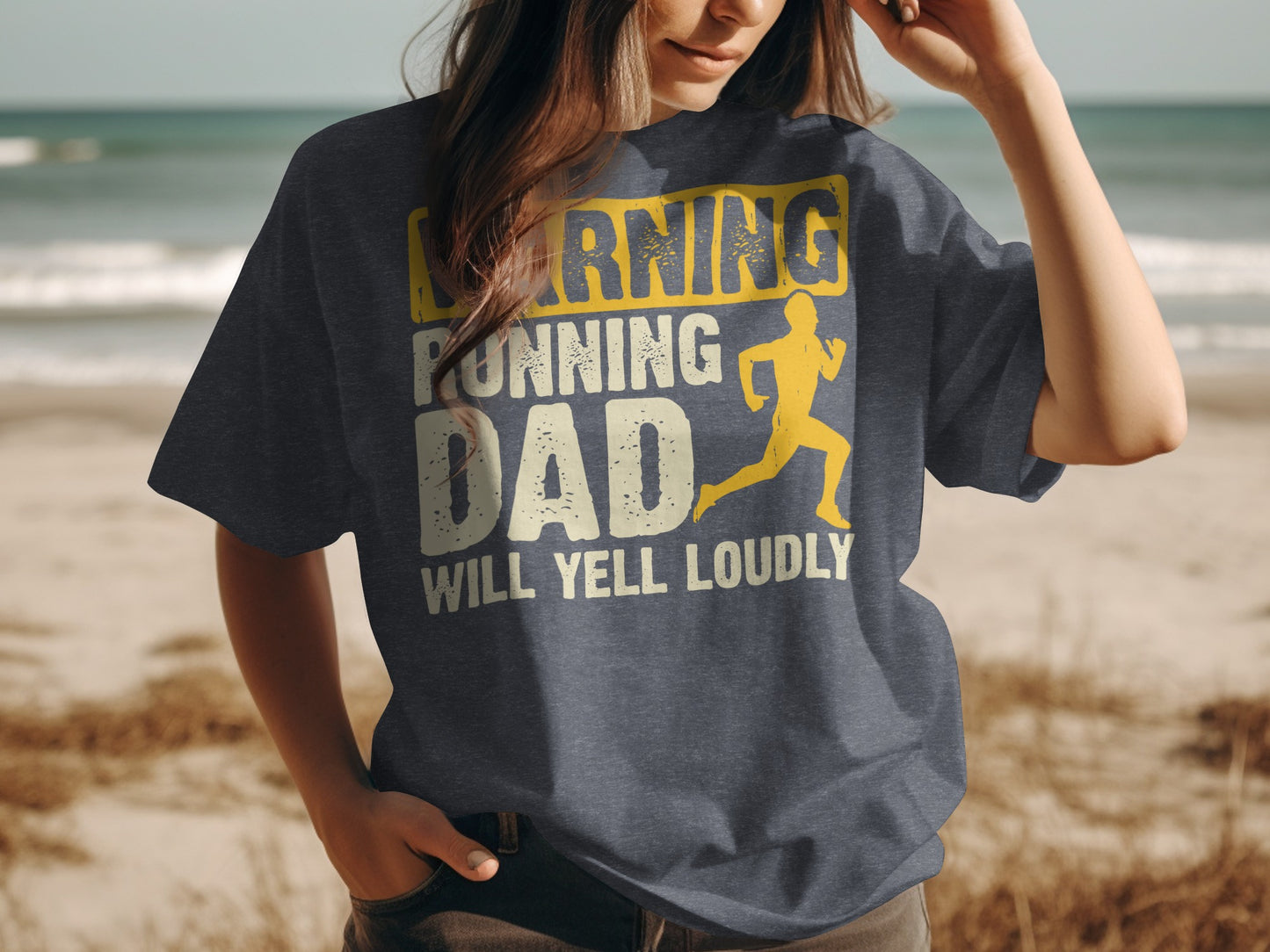 Dark t-shirt with yellow text "RUNNING DAD WILL YELL LOUDLY" and runner graphic.