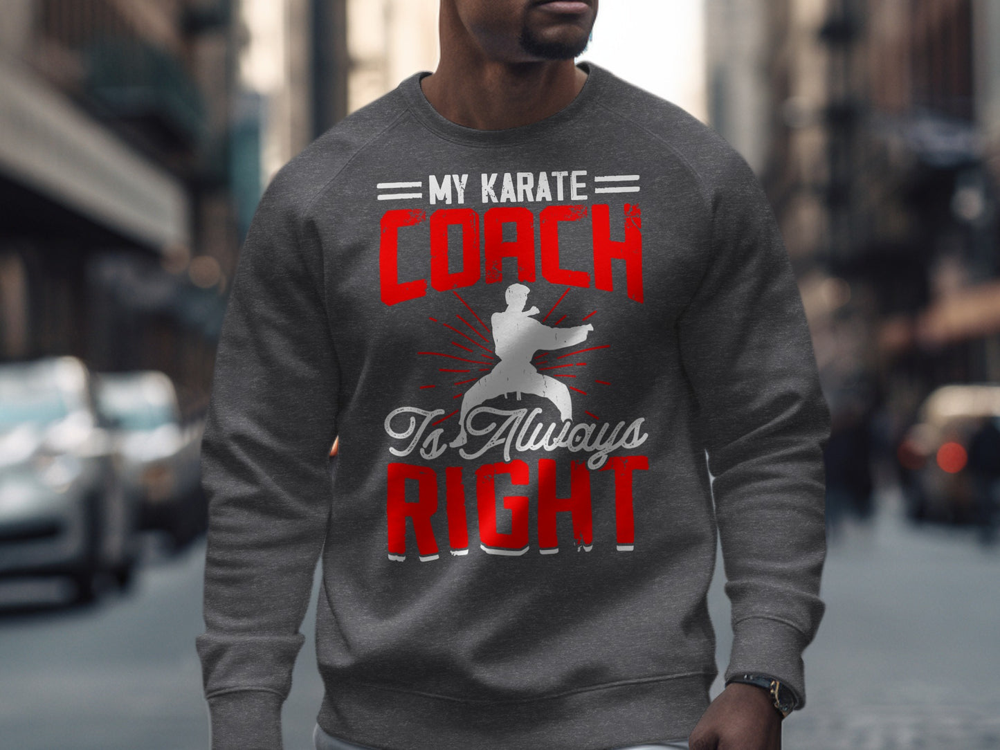Gray sweatshirt with red text "My Karate Coach Is Always Right" and a karate silhouette.