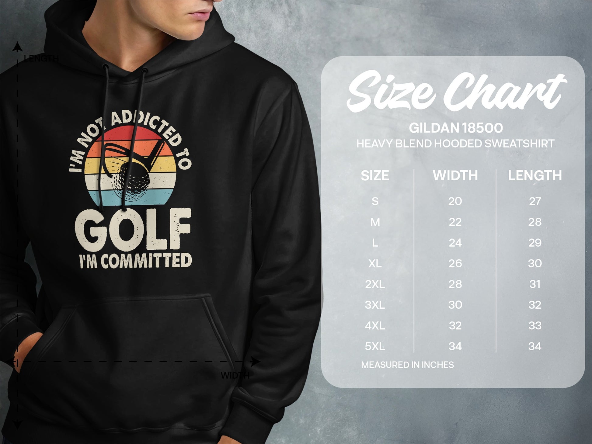 Hoodie with "I'm not addicted to golf, I'm committed" text and golf ball graphic.