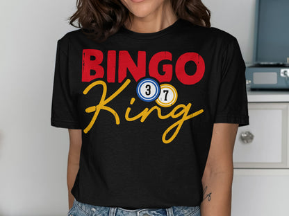 Black t-shirt with red "BINGO" and yellow "King" with bingo balls.