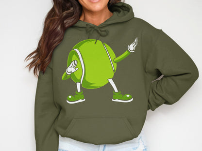 Cartoon tennis ball character dabbing in a green hoodie.