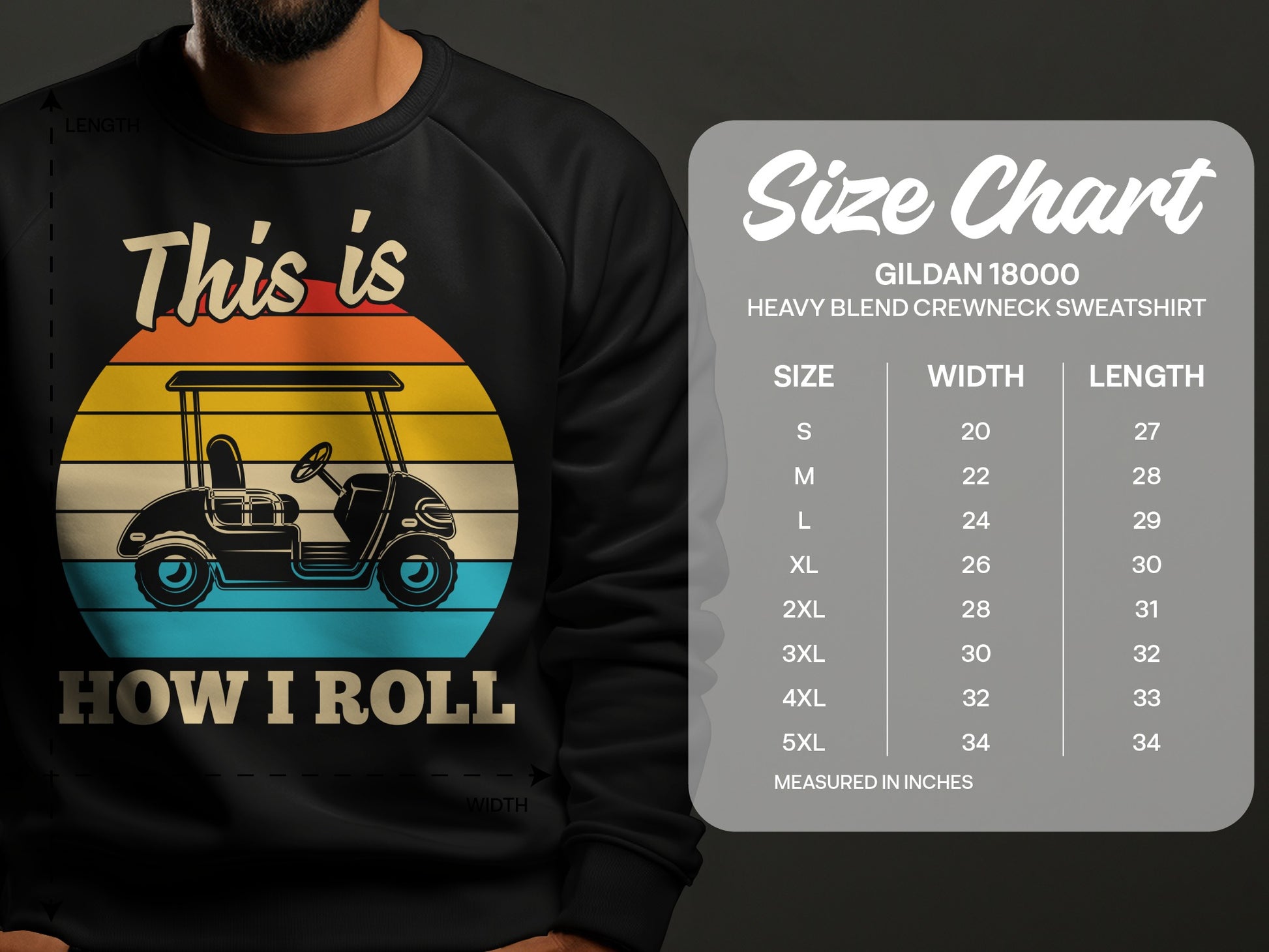 Black sweatshirt with golf cart graphic and "This is HOW I ROLL" text, and size chart.