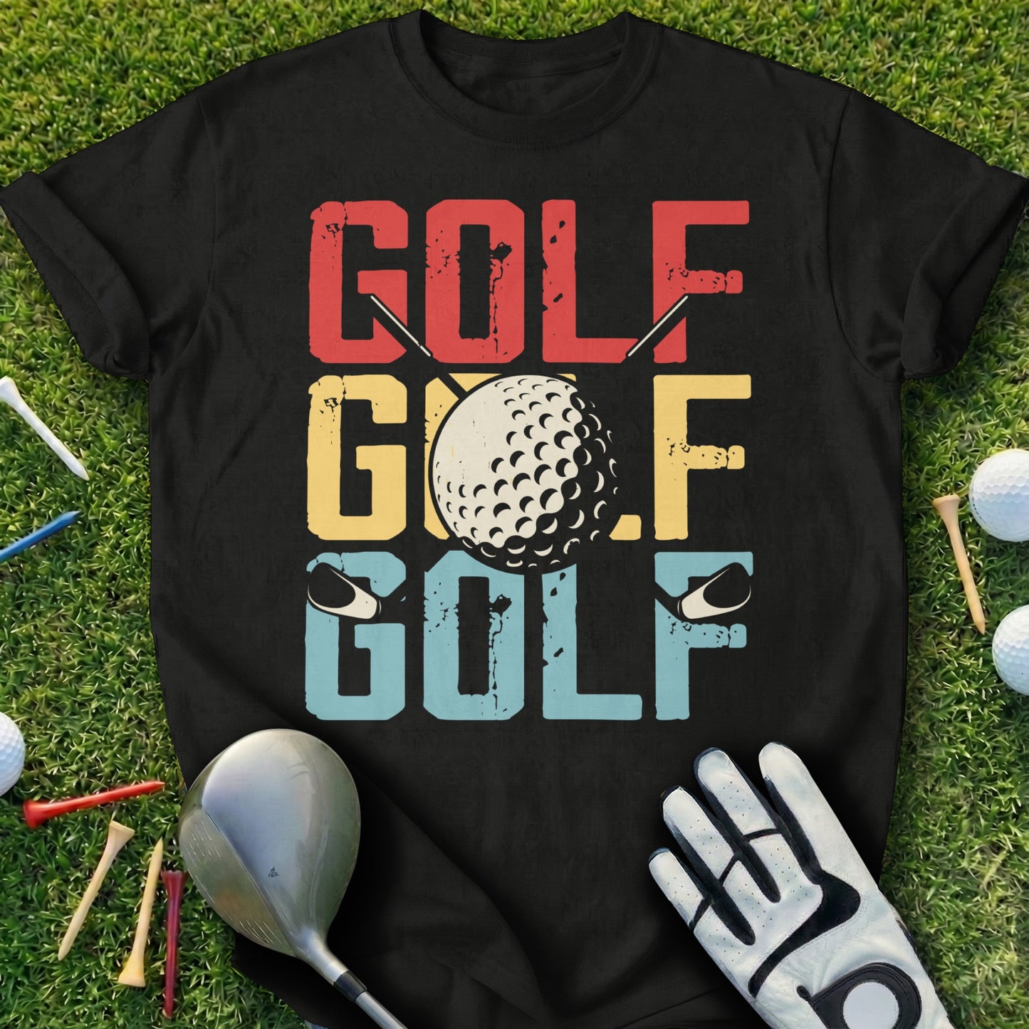Black t-shirt with "GOLF" in vintage distressed lettering and a golf ball.