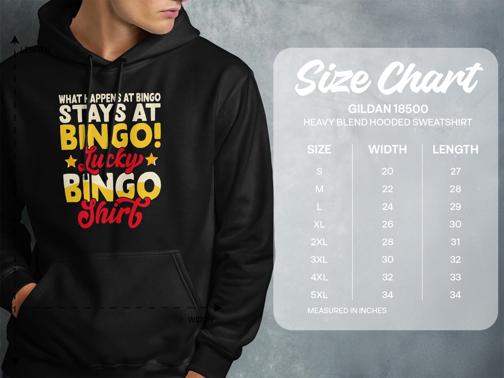 Hoodie size chart showing measurements for Gildan 18500 sweatshirts.
