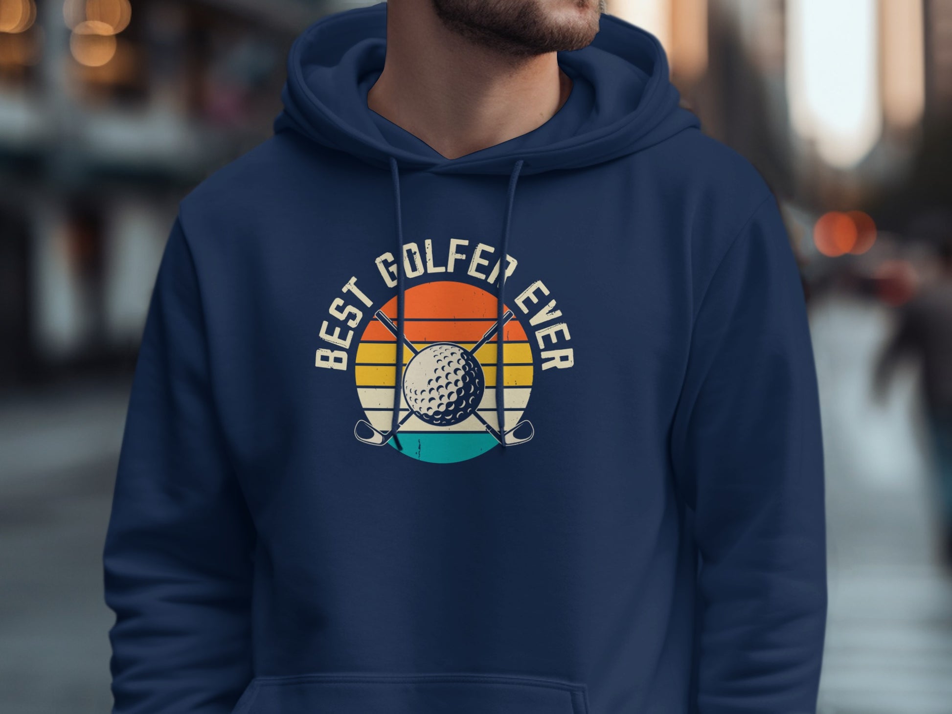Navy hoodie with vintage golf graphic: "Best Golfer Ever" text and golf ball.