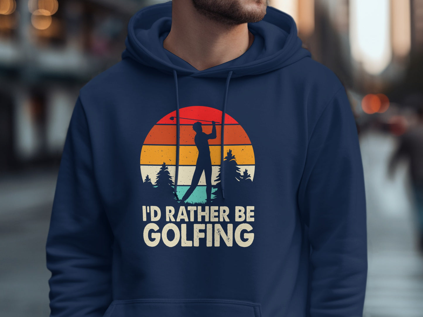 Hoodie with sunset golf graphic and "I'd rather be golfing" text.