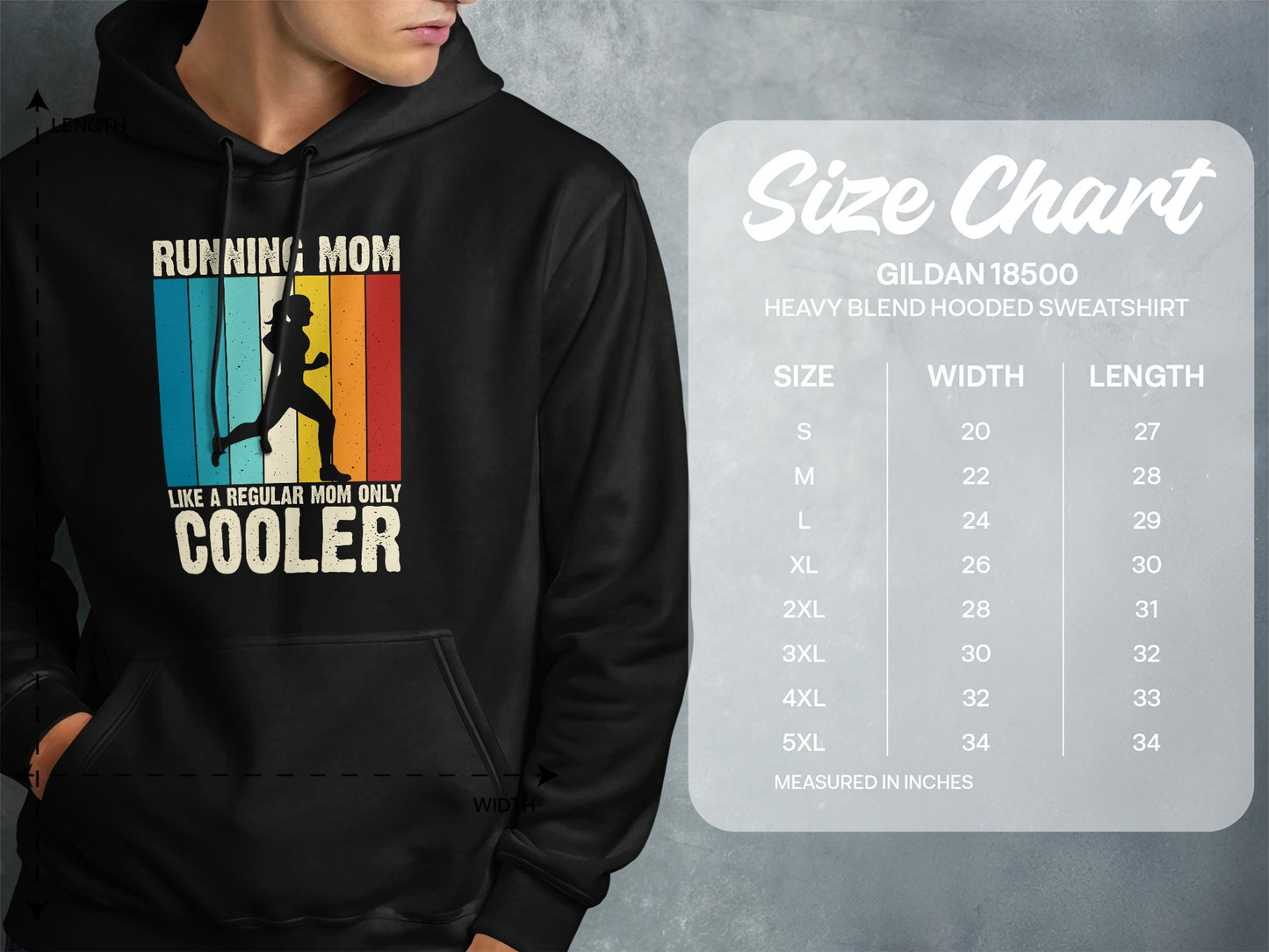 Running Mom cooler graphic on black hoodie next to size chart.