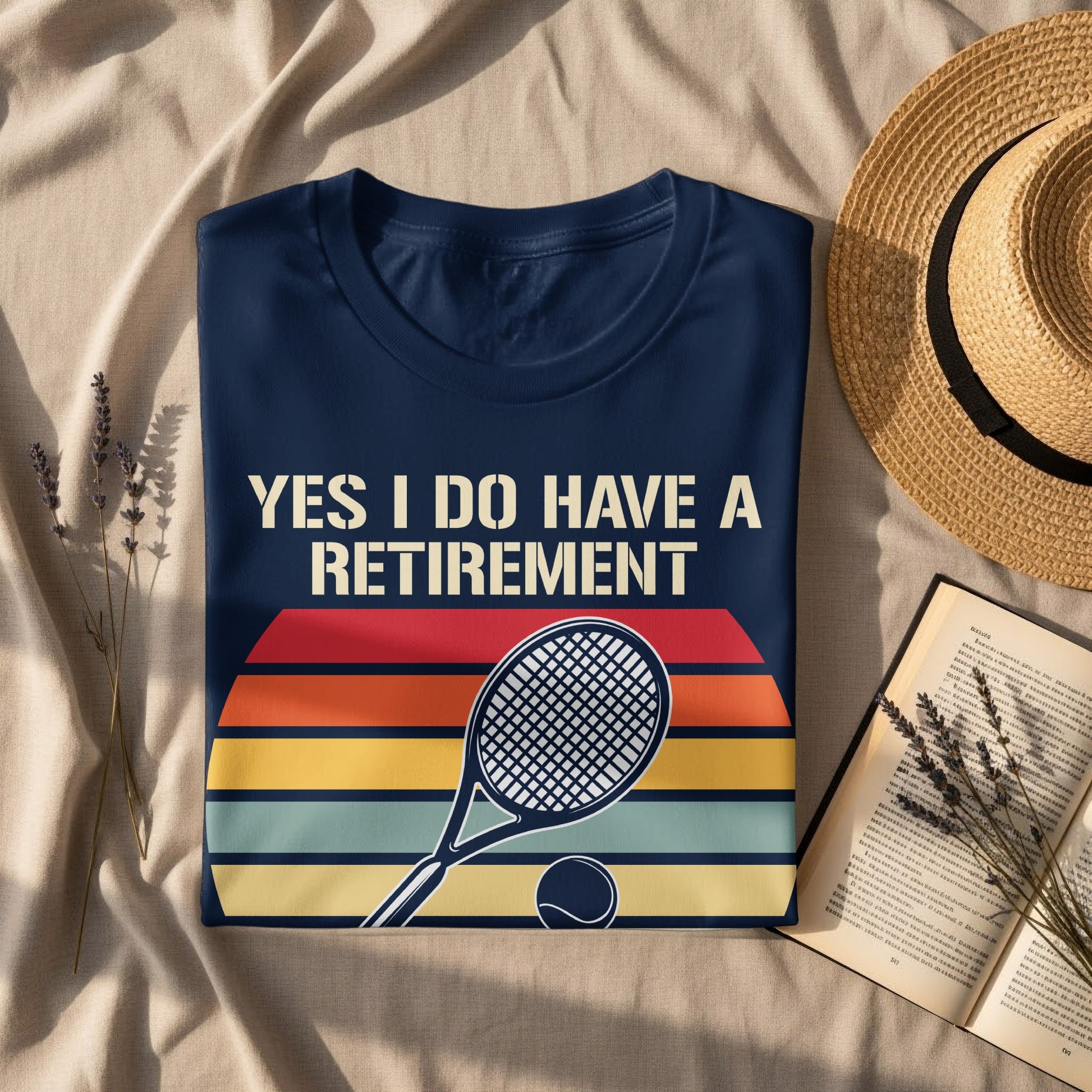 Navy t-shirt with "YES I DO HAVE A RETIREMENT" and tennis graphic.